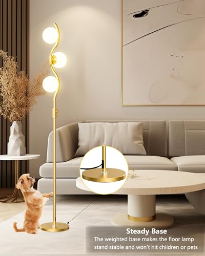 Dimmable Globe Floor Lamp, Gold Standing Lamps with 4PCS 3000K G9 Bulbs Soft Warm White Eye Care, Mid Century Modern Floor Lamp for Living Room