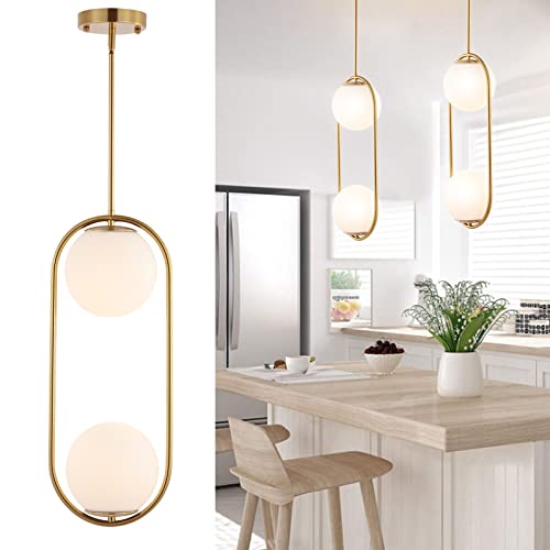 Modern Gold Globe Pendant Light Mid Century Chandelier 1-Light Brushed Brass Ceiling Hanging Lighting Fixture with White Globe Glass Lampshade for Kitchen Island Dining Room Bedroom (2 Pack)