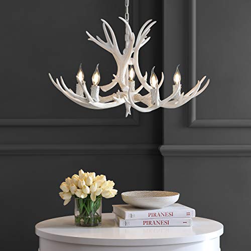 30" Adjustable Resin Antler 5-Light LED Chandelier, Glam, Rustic,Cottage,Transitional, Dimmable Dining Room, Living Room, Kitchen, Foyer, Bedroom, White