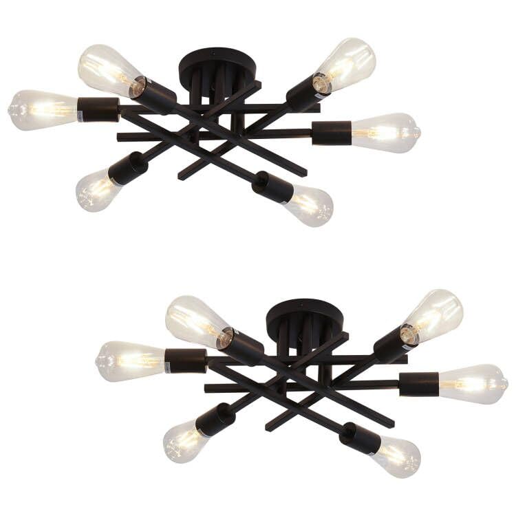 Semi Flush Mount Modern Ceiling Light Fixture， 6 Lights Black Vintage Matte Sputnik Chandelier Ceiling Lamp with E26 Bulb Base for Farmhouse Dining Room Living Room Bedroom Study Kitchen