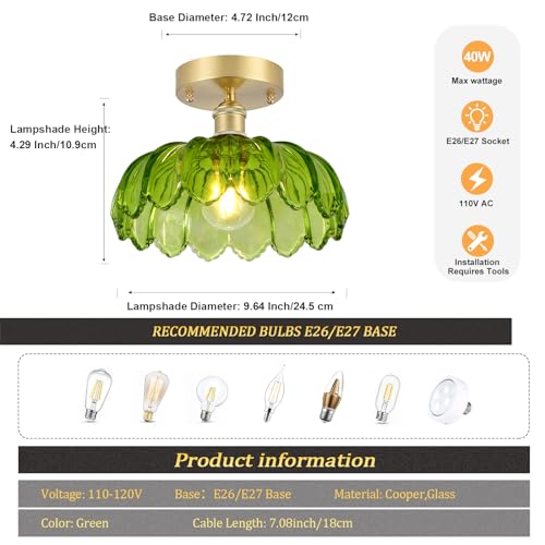 Semi Flush Mount Ceiling Light, Gold Hallway Vintage Lights Fixture Ceiling with Amber Peony Glass, Bulb Included, 4.72" Base Modern Ceiling Light Fixtures for Kitchen Bedroom