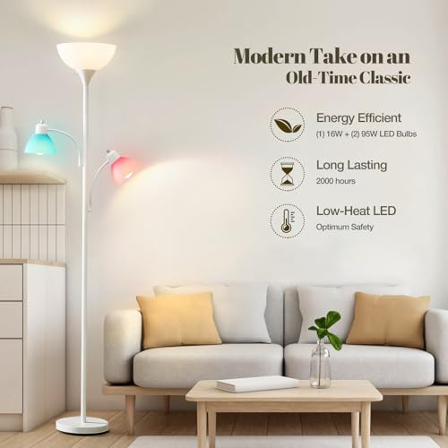 Floor Lamps for Living Room, 72" Tall Standing Lamps, Torchiere Lamp with 8W Adjustable Reading Lights, Modern Bright Floor Lamp for Bedroom, Office, Dresser, Gold&White, Bulbs Included