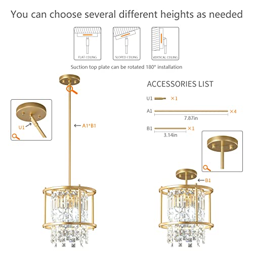 4-Light Dining Room Light Fixture 11.81 inch Square Lndustrial Farmhouse Chandelier Gold Metal Crystal Pendant Light for Kitchen Island Dining Room Living Room Flat and Inclined Ceiling