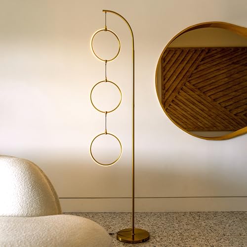 Brightech Nova Modern Floor Lamp - Contemporary Arc Tall Lamp with 3-Circle Ring-Style Pendant - Over the Couch Standing Lamp on Arching Pole - Eclectic Tall Lamp Matches Living Room Décor - Gold