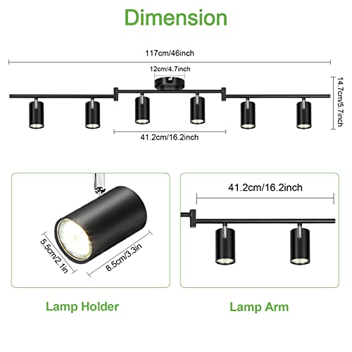 6-Light Black Track Lighting Fixtures for Ceiling, 6 Way LED Track Light Kit with Adjustable Light Heads & GU10 Socket, Adjustable Ceiling Spot Lighting for Kitchen, Dining Room, Bar, Office