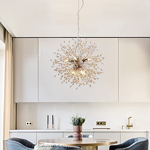 Modern Wooden Beads Dandelion Chandelier, Firework Pendant Lighting, 8-Lights Boho Hanging Light Fixture for Living Room Dining Room Bedroom Kitchen Foyer（Bulb is Included）