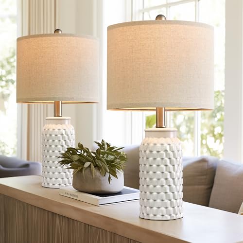 20.5" White Modern Ceramic Bedside Lamp Set of 2 for Bedroom Decor Farmhouse Table Lamp for Living Room Office Dorm