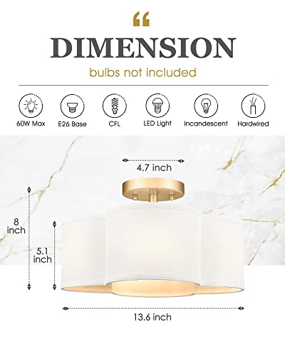 Gold Semi Flush Mount Ceiling Light, Close to Ceiling Light Fixtures with Fabric Shade in Quatrefoil Shape, Farmhouse Brass Ceiling Light for Kitchen Dining Hallway Bedroom, AD-22007-4SF-GD