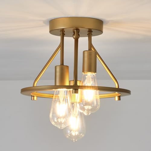 Industrial Semi Flush Mount Ceiling Light Fixture 3-Light Matte Black and Gold Chandelier E26 Farmhouse Ceiling Lamp for Entryway Hallway Bedroom Passway Balcony