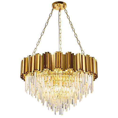 Modern K9 Crystal Pendant Lighting, Round Gold Crystal Chandelier Contemporary Luxury Pendant Ceiling Lighting Fixture for Dining Living Room Kitchen Island, Antique Gold