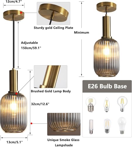 Modern Gold Globe Pendant Lamp 1-Light Mid Century Antique Brass Dining Pendant Light Amber Glass Farmhouse Pendant Lighting Adjustable Large Vintage Hanging Ceiling Pendant Light