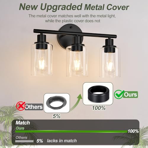 3-Light Bathroom Light Fixtures, Black Modern Vanity Lights with Clear Glass Shade, Bathroom Wall Lamp for Mirror Kitchen Living Room Hallway Cabinet Porch