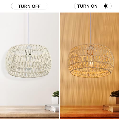 Rattan Pendant Light Fixture Basket Hanging Drum Chandelier Basket Light White Boho Ceiling Light Flush Mount Ceiling Light Woven Kitchen Chandelier for Dinning Room Hallway Bedroom Chandelier