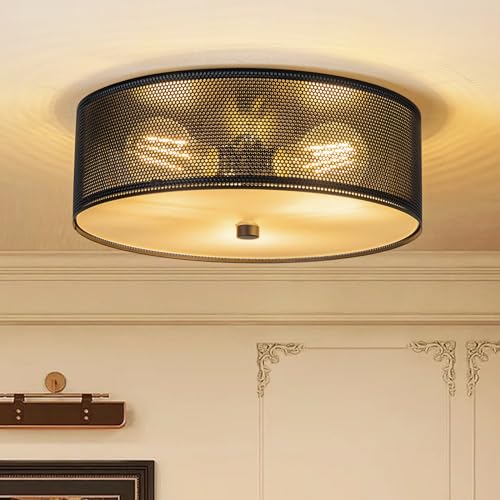 12"Semi Flush Mount Ceiling Light Fixture,3-Light Small Brass Chandelier Drum Lighting with Age Gold Metal Shade,Modern Close to Ceiling Lamps for Bedroom, Dining Room, Kitchen, Hallway, Entry, Foyer