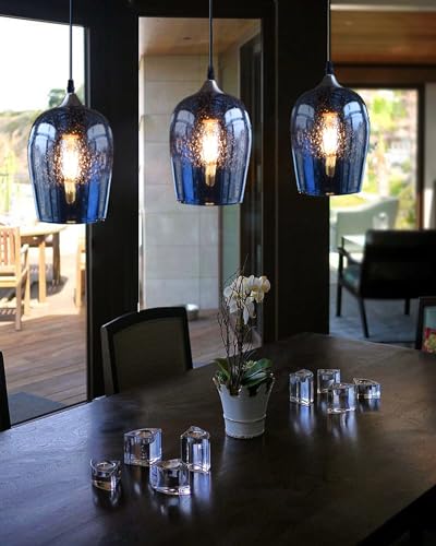 Glass Pendant Lights Kitchen Island Blue Modern Light Fixtures Ceiling Hanging Hand Crafted Art Bubble Teardrop Over Dining Room Table Bathroom 3 Pack 7 Inch H 5.5 Inch Diam