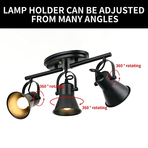 3-Light Track Lighting Kit,Black Semi Flush Mount Ceiling Light with 3 Rotatable Light Heads,Industrial Accent Lighting for Livingroom,Bathroom,Hallway,Art Wall,Bathroom,Kitchen.(3-Light)