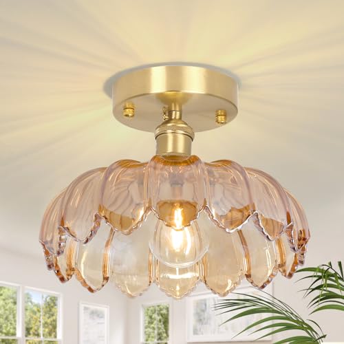 Semi Flush Mount Ceiling Light, Gold Hallway Vintage Lights Fixture Ceiling with Amber Peony Glass, Bulb Included, 4.72" Base Modern Ceiling Light Fixtures for Kitchen Bedroom