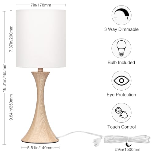 3 Way Touch Control Table Lamp, Dimmable Bedside Desk Lamp with Metal Base Modern Nightstand Lamp Stylish Grey Shade Simple Side Table Lamp for Bedroom, Living Room, Office or Den LED Bulb Included