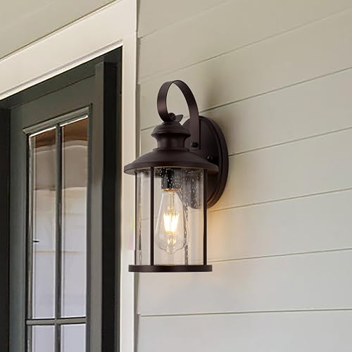 Oil Rubbed Bronze Outdoor Light Sconces Wall Mount, Clear Seedy Glass Large Exterior Porch Wall Lantern, 12.5" Outside Lights for House, Front Porch, Patio, Backyard