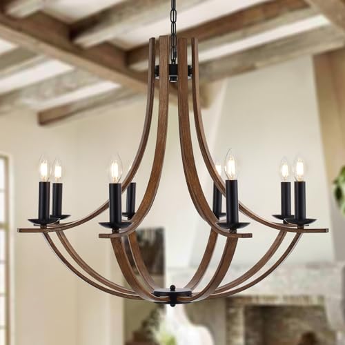 Farmhouse Wooden Chandelier Modern 22" Vintage 5-Lights Candle Style Chandelier with Wood Finish Metal Industrial Retro Rustic Black Chandelier for Dining Room, Kitchen, Living Room, E12