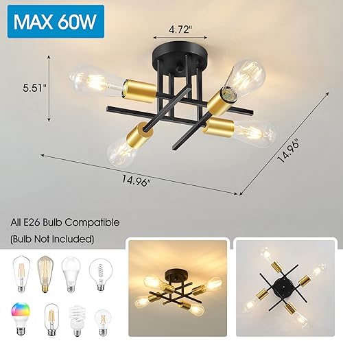 4-Light Modern Sputnik Chandelier, Mid Century Ceiling Light Fixture, Gold Black Semi Flush Mount Ceiling Lights for Dining Room Bedroom Foyer Hallway Kitchen Office (2 Pack)