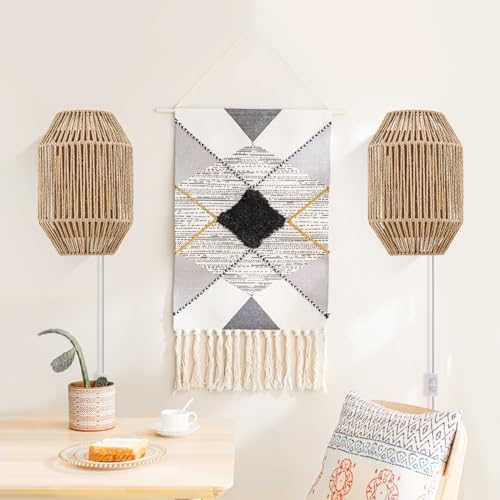 Natural Rattan Wall Sconce Set of 2, with Boho Woven Wicker Shade Antique Brass Brush Paint Finish for Vanity Stairway Fireplace Living Room Bedside Passway Hallway