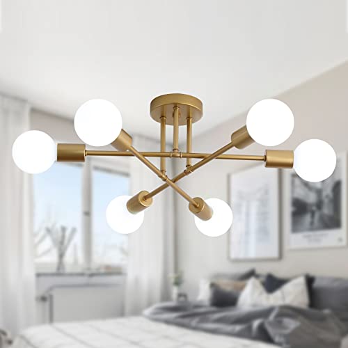 Gold Modern Sputnik Chandelier Ceiling Light Fixtures,6-Lights Industrial Metal Semi Flush Mount Ceiling Light for Bedroom Dining Room Living Room Kitchen Hallway UL Listed