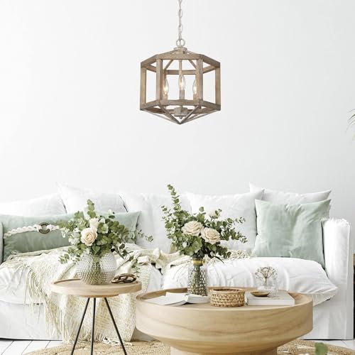 Farmhouse Wood Chandelier, 3 Light Rustic Mid-Century Lantern Wooden Chandeliers Hanging Light Fixture for Dining Room, Living Room, Bedrooms, Living Room, Entryway