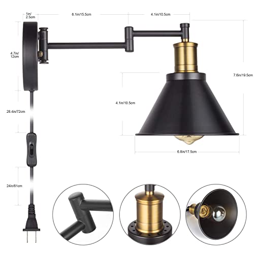 Swing Arm Wall Lamp Plug-in Cord Industrial Wall Sconce, Bronze and Black Finish,with On/Off Switch, E26 Base,1-Light Bedroom Wall Lights Fixtures,Bedside Reading Lamp