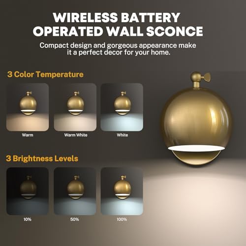 Wall Sconces Battery Operated, Gold Wall Sconce Battery Operated with Remote Set of 2, Not Hardwired Dimmable Battery Wall Sconce, Wireless Wall Lamp/Light for Bedroom, LED Bulb Included