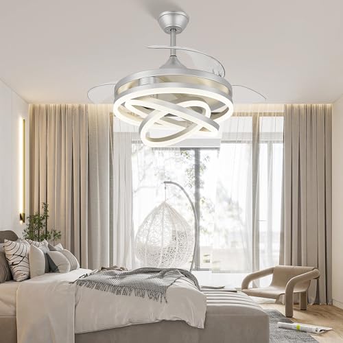 42 Inch Retractable Ceiling Fan, Chandelier Ceiling Fans with Lights, Silent DC Motor, 6 Speeds, 3 Color Changing for Bedroom Living Room (Gold)