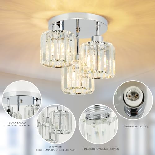 Semi Flush Mount Ceiling Light 3-Light Brushed Nickel Flush Mount Ceiling Light Fixtures with Clear Glass Shade, Modern Kitchen Ceiling Light for Bedroom Stairs Porch Hallway Entryway