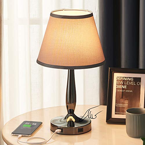 Touch Table Lamp with USB Ports, 3-Way Dimmable Modern Small Nightstand Lamp for Bedroom, Living Room & Office, Bedside Lamp w/ Grey Trapezoid Shade and Metal Base, LED Bulb Included