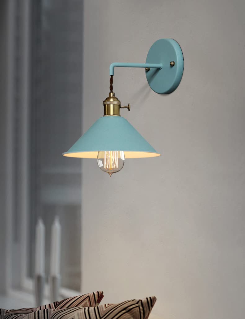 Plug in Switch Wall Sconces Set of Two,Blue Wall lamp with Plug in Cord of 2 for Bedroom Hanging Wall Lights E26 Edison Brass lamp Holder with Frosted Paint Body Bedside lamp