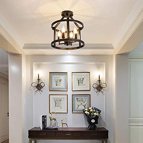 Metal Semi Flush Mount Ceiling Light Fixture 4 Candle Holder Matte Chandelier Farmhouse Ceiling Lamp for Dining Room Bedroom Kitchen Hallway Entryway（Black）