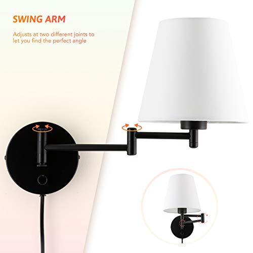 Modern Adjustable Swing Arm Wall Lamp Brushed Nickel, Plug-in Wall Sconce Lighting for Bedroom Bedside, Living Room, Kitchen, Hallway, Wall Mounted Light Fixtures with White Fabric Shade