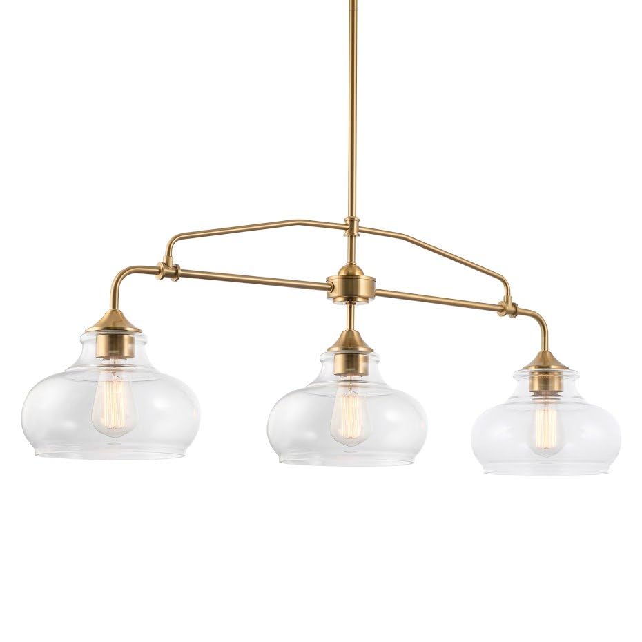 Kira Home Harlow 38" Modern Industrial Farmhouse 3-Light Kitchen Island Light with Clear Glass Shades, Adjustable Hanging Height, for Dining Room, Living Room or Kitchen, Cool Brass Finish