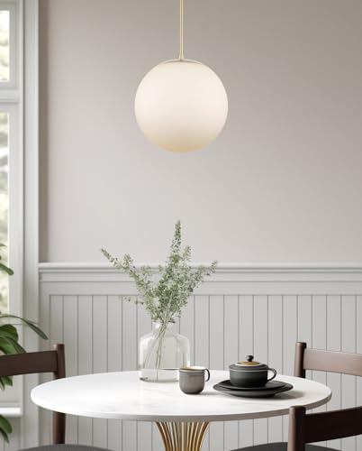 Mid-Century Modern Hanging Orb Pendant Light with Smooth Matte White Frosted Diffuser, Cool Brass Finish