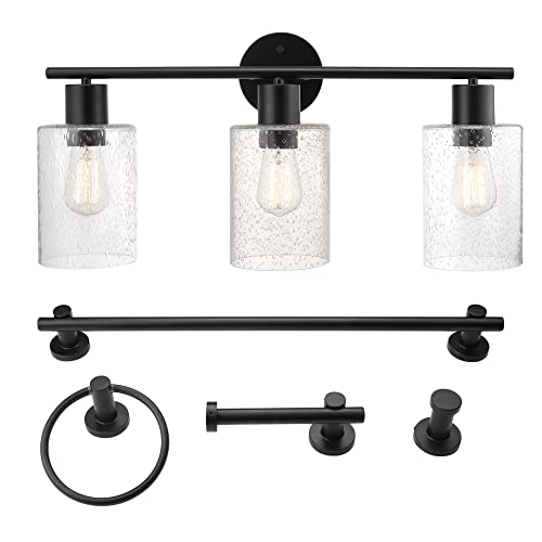 Globe Electric 51710 Bathroom Accessory Set, Matte Black, 3-Light Vanity Light, Towel Bar, Towel Ring, Robe Hook, Toilet Paper Holder, Bathroom Lights Over Mirror, Home Décor, Brooklyn, 5-Piece