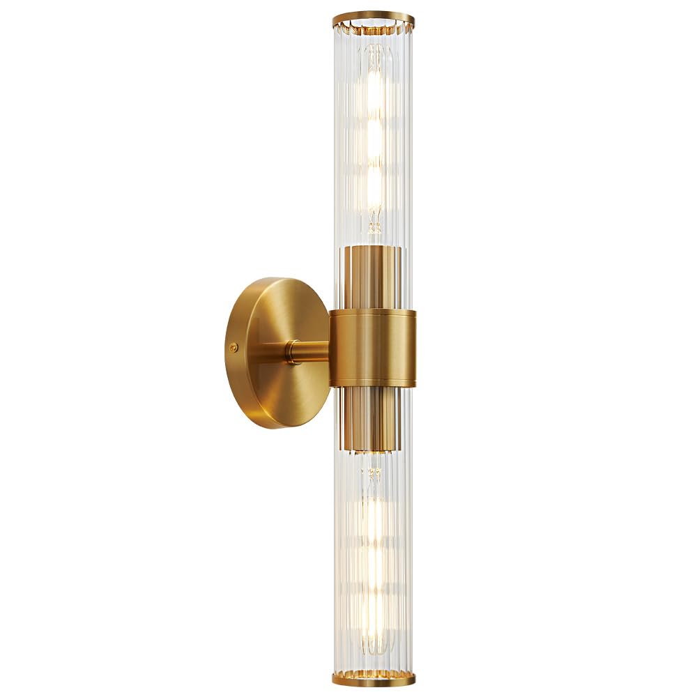 Gold Wall Sconce, Bathroom Light Fixtures in Clear Glass Indoor Wall Sconces, Modern Sconce Wall Lighting Up and Down Vanity Lights Fixtures for Bathroom,Living Room,Hallway, Kitchen