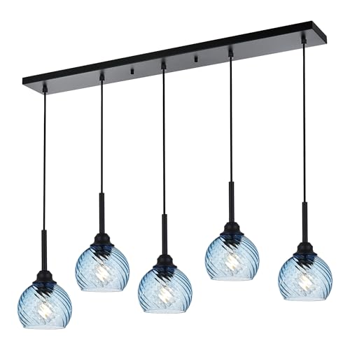 3 Light Island Lights for Kitchen with Striped Swirl Globe Glass, Black Linear Hanging Pendant Light Fixture Farmhouse Chandelier for Dining Room Bar Living Room