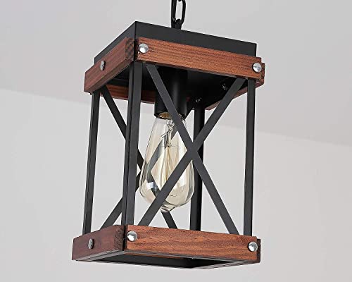 Modern Farmhouse Antique White Distressed Pendant Light with Wood and Metal Cage, One-Light Adjustable Chains Rustic Mini Pendant Lighting Fixture for Kitchen Island Cafe Bar