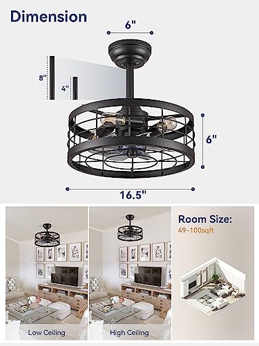 16.5 inch Black Caged Ceiling Fan with Light, Bladeless Industrial Ceiling Fan with Remote, Farmhouse Fan Lights Ceiling Fixtures for Kitchen, Bedroom, Outdoor（6 Speed, Timing）-Black