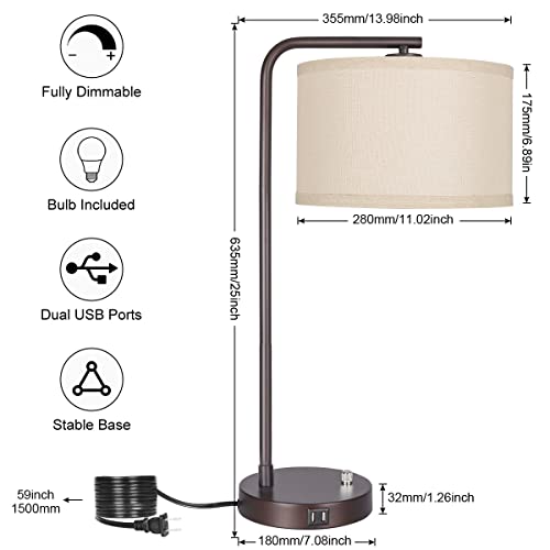 USB Bedside Lamp, Industrial Side Table Lamp with Dual USB Charging Ports, Fully Dimmable Nightstand Lamp, Tall Reading Lamp Desk Lamp for Bedroom, Living Room, Office, 9W LED Bulb Included