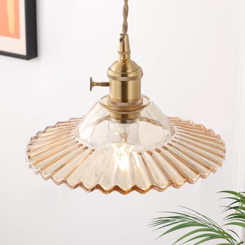 Pendant Light with White Pleated Ceramic Lmapshade, Brass Vintage Pendant Light Adjustable Hanging Light for Kitchen Island Dining Room Hallway 7.87 Inch Diam