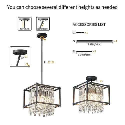 4-Light Dining Room Light Fixture 11.81 inch Square Lndustrial Farmhouse Chandelier Gold Metal Crystal Pendant Light for Kitchen Island Dining Room Living Room Flat and Inclined Ceiling