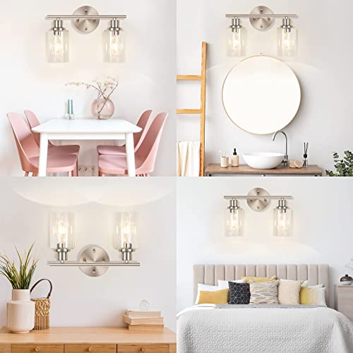 Vanity Wall Light Fixtures, Modern 3 Lights Wall Sconce with Clear Glass Shade, Brushed Nickel Farmhouse Wall Lamp for Bathroom Mirror Kitchen Porch Living Room Workshop (E26 Base)