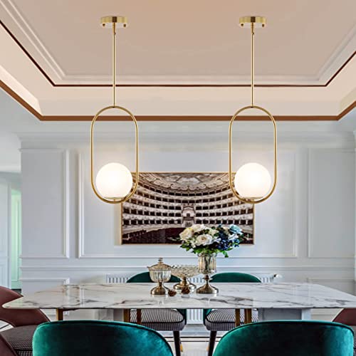 Modern Gold Globe Pendant Light Mid Century Chandelier 1-Light Brushed Brass Ceiling Hanging Lighting Fixture with White Globe Glass Lampshade for Kitchen Island Dining Room Bedroom (2 Pack)