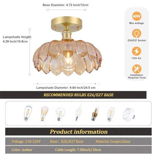 Semi Flush Mount Ceiling Light, Gold Hallway Vintage Lights Fixture Ceiling with Amber Peony Glass, Bulb Included, 4.72" Base Modern Ceiling Light Fixtures for Kitchen Bedroom