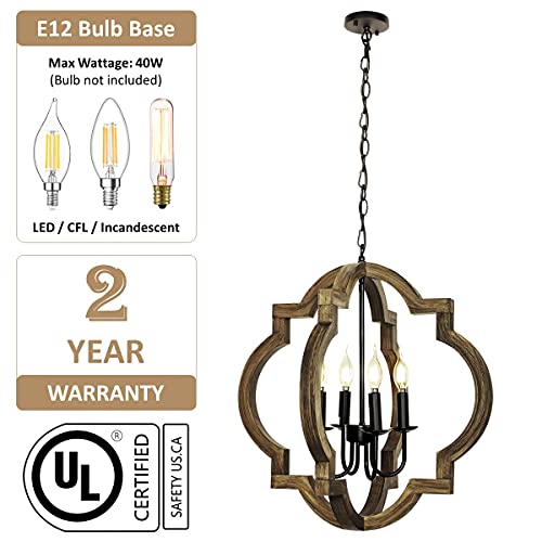 21.7" Farmhouse Wood Chandelier Light Fixture, 4-Light Handmade Distressed White Geometric Hanging Pendant Lighting for Dining Room, Kitchen Island, Entryway, stairwell (Colour: White)